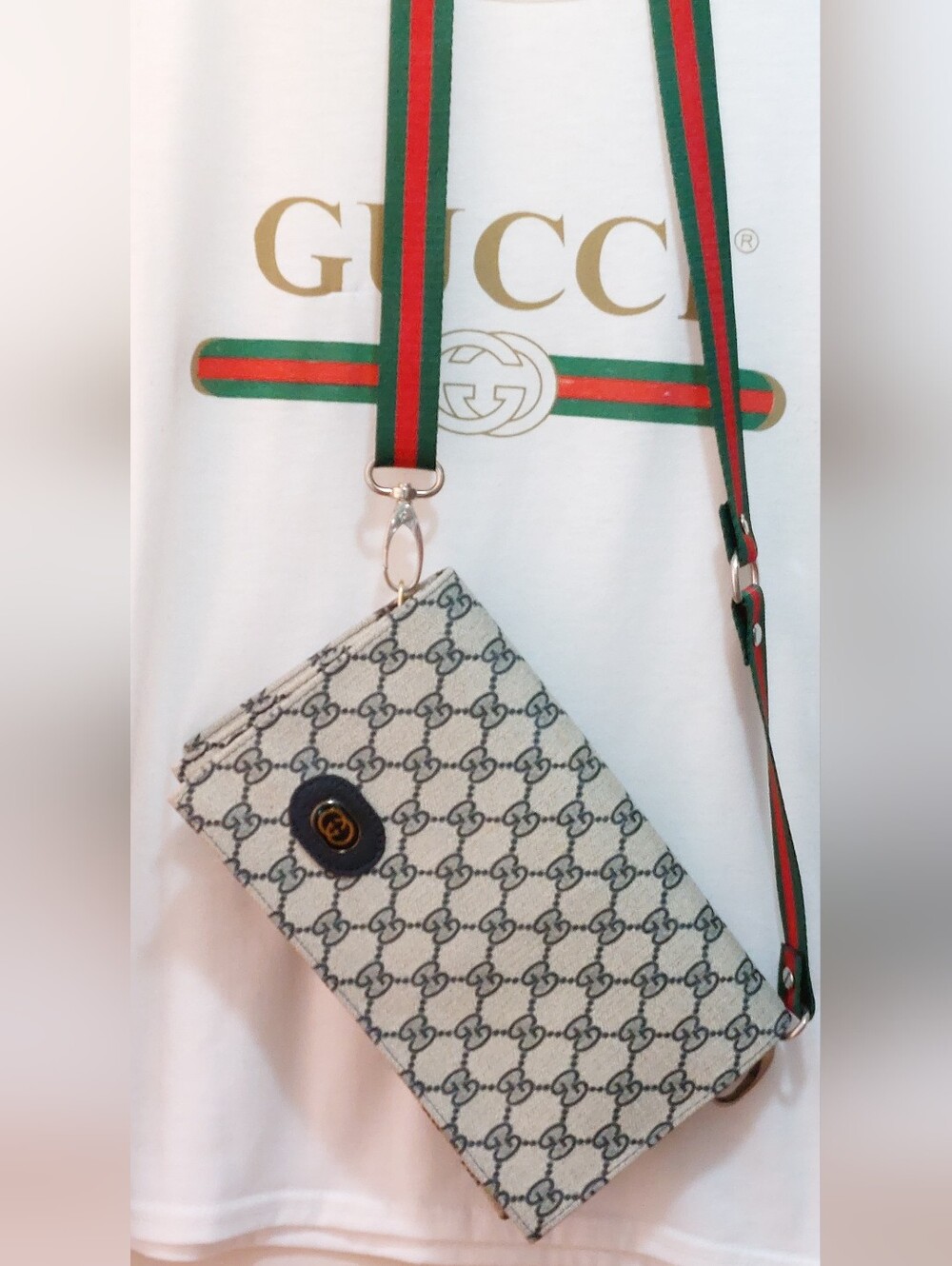NEW  4 In 1 Monogram Bag With Green-Red Striped Crossbody Strap
